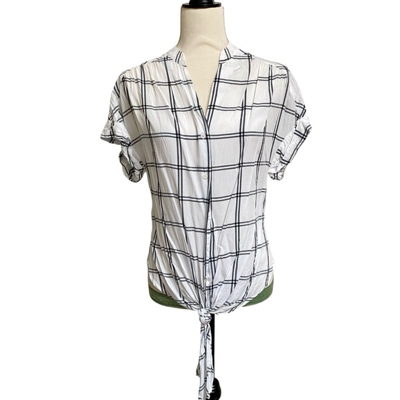 Current Air Los Angeles White Black Windowpane Plaid Tie Front Blouse XS - Picture 1 of 14